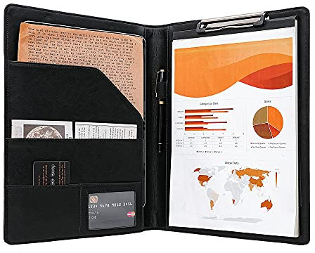 FREE NAME Gravur, Konferenzmappe A4, Klemmbrettmappe Veganes Leder, Büro Mappe Organizer mit a4 Klemmbrett, Mikrofaser Dokumentenmappe Organizer Ordner, Schwarz, Customized