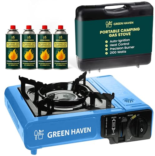 Green Haven Camping Stove Gas Portable | Carry Case, 4 Canisters & Piezo