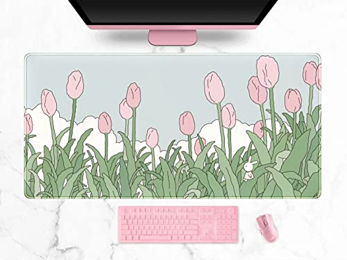 WatercolorTulip Flower Mouse Pads,Extended Gaming Mousepad XXL Kawaii Anime Desk Mat Pink Green Large Full Desk Mouse Pad for Wireless Mouse Keyboard Mat with Stitched Edges 31.5 x15.75