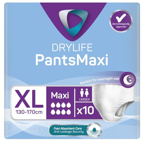 Drylife Pants Maxi Inkontinenz Einweghosen für Frauen und Männer, Dry Feel-Technologie, Anti-Leck-Sicherheit, Hautfreundliches, Weiches, Atmungsaktives Material - Gr. XL (10 Stück)