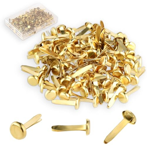 Telooco 200 Stück Mini Musterklammern Gold Rundkopfklammern 8 x 16 mm Musterbeutelklammern Brads Klammern Zweibeinige Stecknadeln Mini Papierverschlüsse für Kinder Scrapbooking DIY