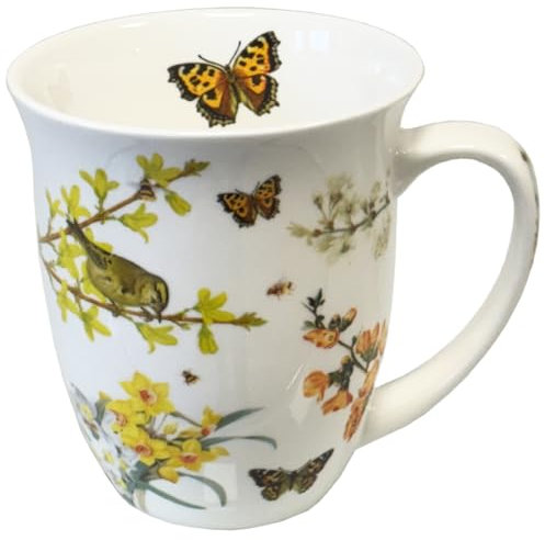 Ambiente Taza de café con asa de porcelana fina de 0,4 l, diseño de flores y pájaros, serie Spring Awakening