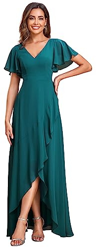 Ever-Pretty Vestito da Damigella Lungo con Volantes con Spacco Scollo a V Maniche Corte Abito da Cerimonia Elegante Teal 50