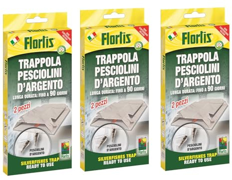 Flortis Trappola pesciolini d'Argento. Kit 3 unità di trappole per pesciolini Argento. Disinfestazione casa Anti pesciolini d'Argento. Esca Senza Veleno pronta all'Uso. Efficacia Trappola Fino 90 GG