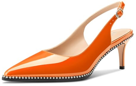 HDEUOLM Womens Mid Kitten Heel Pointed Toe Beaded Sandals Pumps Court Shoe Slingback Wedding Cute Patent Leather Summer 6 CM Heels Orange 2.5 UK