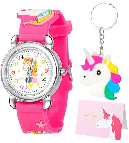 Reloj de Infantil Reloj Digital para Niños Niña Relojes de Cuarzo Cute 3D Cartoon Silicona Correa Suave Reloj Dibujos Con llavero y Tarjeta de Felicitación Relojes Analógicos para Niños de 3 a 12 años