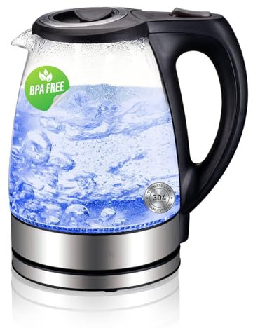 MULIN Hervidor eléctrico de cristal, 1,7 L, Luz indicadora LED azul, 2200 Watt, apagado automático, base 360º Con Protección Sobrecalentamiento