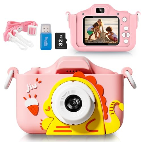 Kids Digital Camera, 48MP & 1080P HD Video, 32GB Card, Dinosaur Case, Selfie Camera for Kids Age 3-12 (Pink)