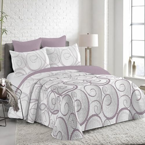 MERCURY TEXTIL- Colcha Bouti Estampada para Verano y Entretiempo 100% Poliéster. Colchas Cubre Cama Fina, Ligera y Suave. Incluye 1 Funda de Cojin (Cama 105-200x260cm,Ondas Lila)
