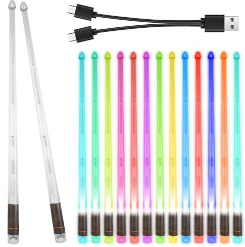 1 par de baquetas luminosas, 13 colores de PC, luces LED con interruptor de un solo toque, 2 modos USB recargables LED para grandes eventos nocturnos, noche