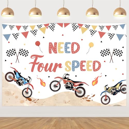 Cheereveal 5x3ft Dirt Bike 4th Birthday Party Backdrop, Need Four Speed Motocross Motorcycle Happy Fourth Bday Photography, Extreme Sports Racing Competition Photo Props Decor