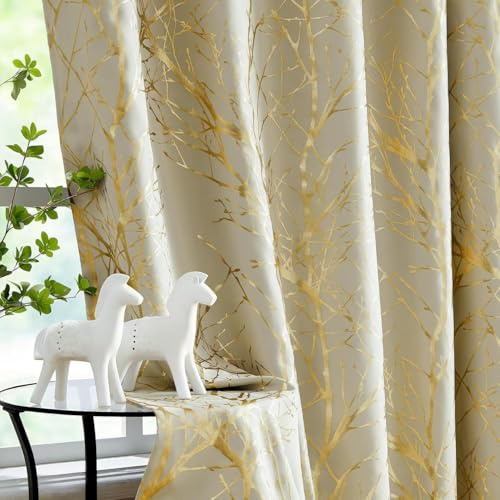 Fmfunctex Blackout Beige Gold Branch Eyelet Curtains 52 x 90 Inch Drop Pair