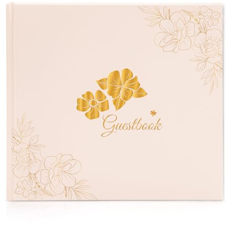 Wedding Guest Book with 40 Beautiful Stickers, 48 Double Pages, Made High Quality Thick Paper-Dimensions : 21 x 23cm, Hard Cover Guest Book for Wedding, Baby Shower, Golden Floral Pattern - Warm Pink