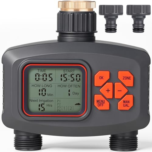 Bewässerungscomputer mit 2 Ausgängen, Wasserzeitschaltuhr Regenverzögerung, Automatische Bewässerung Wasser Zeitschaltuhr mit 8 Zeitplänen und Manueller Modus, Timer mit LCD für Rasen, Garten, Balkon