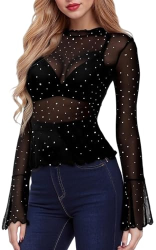 Sahunfri Lace Tops for Women Mesh Top Sexy See Through Shirts Y2K Blouses