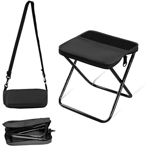 AURIVEE® Taburete Plegable Tipo Mochila, Negro Grande - Silla Plegable Portátil con Correa, Soporta 120kg para Camping, Senderismo, Pesca, Jardín, Viaje