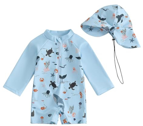 JENJON Baby pojkar långärmad tryckt baddräkt med tryck med dragkedja badkläder rashguard 2-delad dinosaurie/haj baddräktsset med solhatt