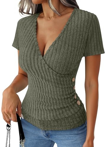 Awinclo Shirts for Women Long Sleeve V Neck Sweater Sexy Ribbed Knit Jumper Slim Fitted Wrap Top Fall Dressy Casual Work Clothes