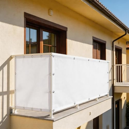 XUEHMIN Telo Frangivisto 65 x 1000 cm Resistente al Vento, Impermeabile Anti UV Telo Balcone Ringhiera con Fascetta, Corde per Terrazza, Bianco