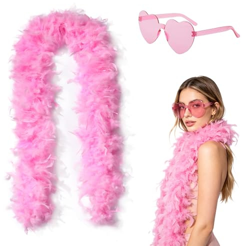 FOSDICK 2M Boa Piume con Occhiali Cuore, Boa di Piume Rosa di Tacchino, Alla Moda Sciarpa di Piume Adatto a Donne e Ragazze, Accessorio per Costumi, Carnevale, Festa a Tema, feste, Halloween