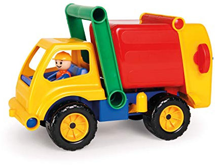 Lena 04356 Aktive Müllwagen LKW, Müllfahrzeug ca. 30 cm, Robustes Müllauto mit verriegelbarem Müllbehälter, 1 Mülltonne und beweglicher Spielfigur, Spielfahrzeug für Kinder ab 2 Jahre, Gelb/Rot