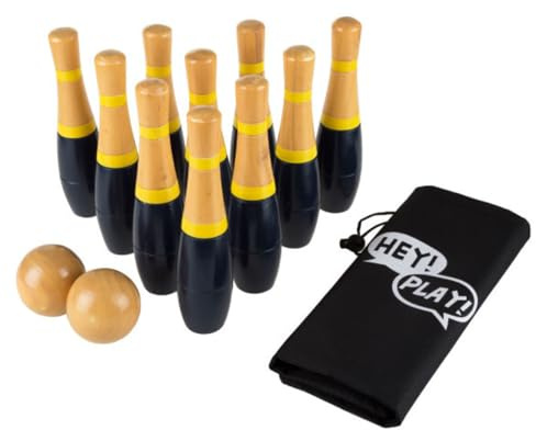 HEY! PLAY! Wooden Lawn Bowling - Adults and Kids Bowling Set with 10 Pins, 2 Balls, Carry Bag - Indoor and Outdoor Games - Skittle Yard Games (Black)