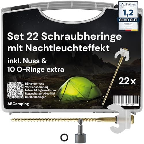 ABCamping Schraubheringe Set - [22 Stück] Stahl Heringe für weiche bis Harte Böden - Zeltschrauben mit Leuchteffekt, ideal für Camping - inkl. Transportbox, 10x O-Ringe & Bit für Akkuschrauber