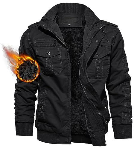 TACVASEN Men's Military Lightweight Jacket Army Cargo Windbreaker Zip Front Stand Collar Cotton Jackets with Multi Pockets Black M