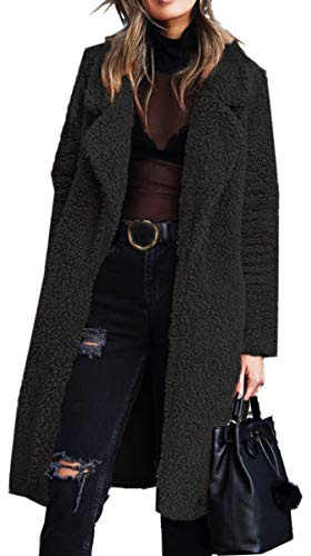 Angashion Women's Fuzzy Fleece Lapel Open Front Long Cardigan Coat Faux Fur Warm Winter Outwear Jackets Black L