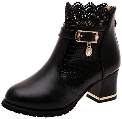 Susenstone Bottines A Talon Femme Cuir Hiver Chaud Vintage Mode Pas Cher Bottes Dentelle Talons Epais Sexy Ankle Boots Chaussures Talons