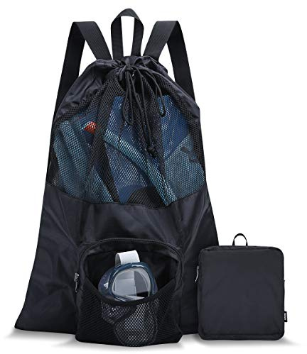 Packable Swim Bag, Mesh Swim Drawstring Backpack with 35L Upgraded Capacity & Vented Design, Lightweight Swimmers Mesh Bag for Swimming Gear Snorkeling Equipment