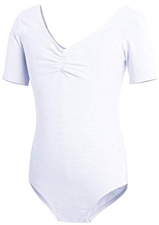 May Story Ballett Trikot Mädchen Kinder Langarm Kurzarm Bodys Leotard Sport Body Ballettanzug Trainingsanzug Bodysuit mit Druckknopf Gr. 98-164 (Weiß, 4XL Körpergröße 130-140cm)