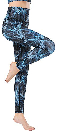 FLYILY Femmes Imprimé Pantalon de Yoga,Legging de Sport pour Femme Slim Fit Taille Haute Opaque Fitness Course Collants Compression(7-BlueLeaf,L)