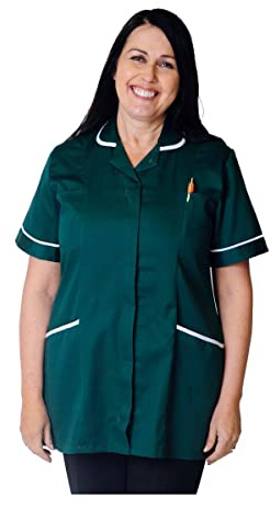 Skywear T66 Ladies Tunic Tops - Women's Healthcare & Beauty Tunics for Women UK | Work Uniforms for Office, Salon, Nurse & Spa - Multicolor Short Sleeve Tops, Bottle Green/White, 14