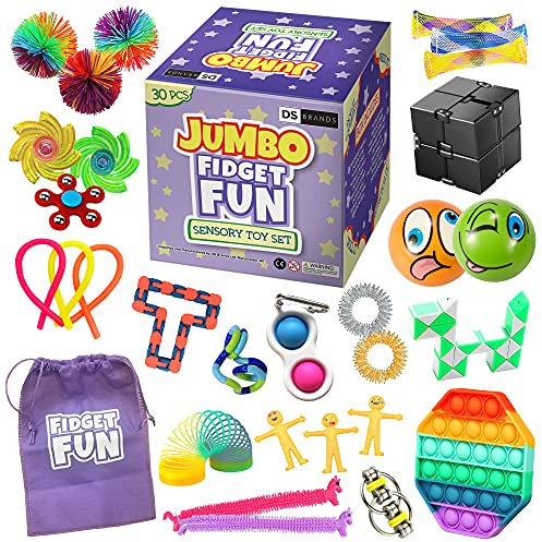 DS Brands Sensory Fidget Toy Set- 30 PC Jumbo Fidget Box with Simple Pop It- Toys for Autism Adhd- Perfect Stocking Filler for Kids, Girls, Boys, Adults Gift Pack
