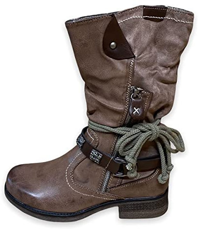 ST04 Bottines de motard pour femme - Bottes avec rivets - Talon bloc - Confortables - Automne Hiver - Boucles, St873 Kaki, 38 EU