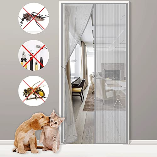 Magnetic Fly Screen Mesh Door, 75x180cm Insect Protection Door Net Keep Insects Out, Install Without Drilling, Fly Insect Screen for Balcony Doors Patio Gray