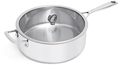 Olavson Schmorpfanne 28 cm hoher Rand, Kupferpfanne, Induktion, mit Deckel, Antihaftbeschichtung, Servierpfanne 28 cm hoher Rand, unbeschichtete Pfanne, Edelstahl mit Kupferkern (Servierpfanne) 6.5L