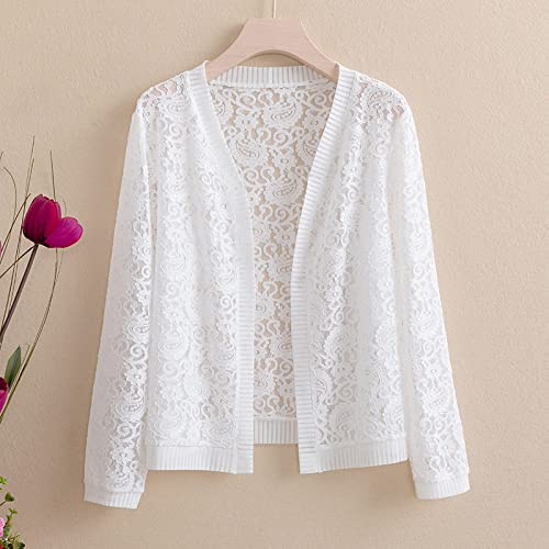 JIAREN Gilet Femme, Femmes Cardigans Été Vintage Blanc Couleur Unie Creux Dentelle Fleur Ethnique Léger Décontracté Manches Longues Ouvert Avant Court Cardigans Courts Blouse Sheer Bikini Beach Cover