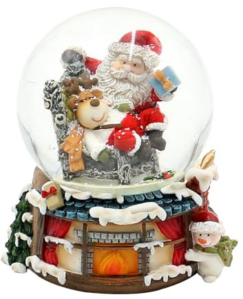 Schneekugel Rentier im Sessel und Weihnachtsmann, auf Kamin Sockel, L/B/H/Ø Kugel 8 x 7 x 8,8 cm Ø 6,5 cm