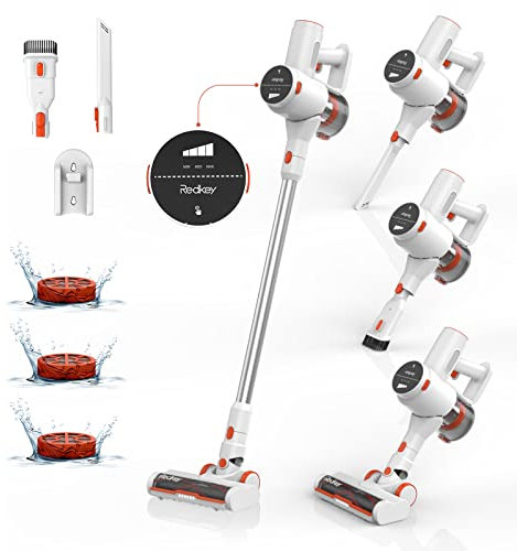 Redkey P8 Akku Staubsauger Kabellos - Akkustaubsauger Beutellos mit Touchscreen 25kPa/250W Sauger 40min Laufzeit Leicht Drahtlose Stielstaubsauger Orange Wandhalterung für Tierhaare Hartböden Teppich