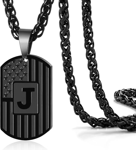DuoDiner Initial Letter Pendant Necklace for Men Boys Dad,A-Z Capital Letter American Flag Dog Tag Necklace 24 Inches Stainless Steel Mens Chain,Birthday Gifts for Men Women Teens (Letter J, Black)