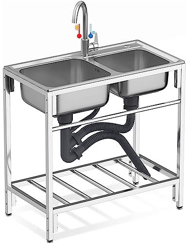 2-fack diskbänk utomhus handfat rostfritt stål handfat kommersiell diskbänk dubbel tank med hållare hushållshandfat med varm och kall kran