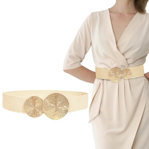 Smomend Gürtel Breit, Stretchgürtel Damen, Verstellbar für Taillenweiten 70-80cm, Elastischer Taillengürtel, für Kleider und Hosen, Gold Mit Goldschnalle