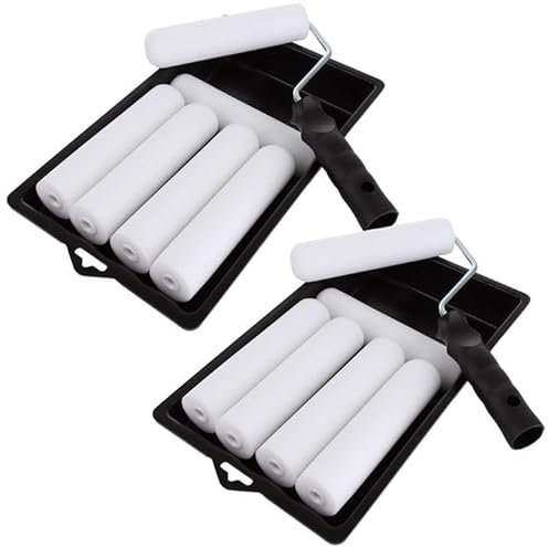 GBACHOOSE Juego de 2 rodillos de pintura, rodillo de pintura de espuma de 6 pulgadas con bandejas, rodillo de pintura de espuma de alta densidad para pintura de bricolaje (12 cubiertas de rodillo, 2