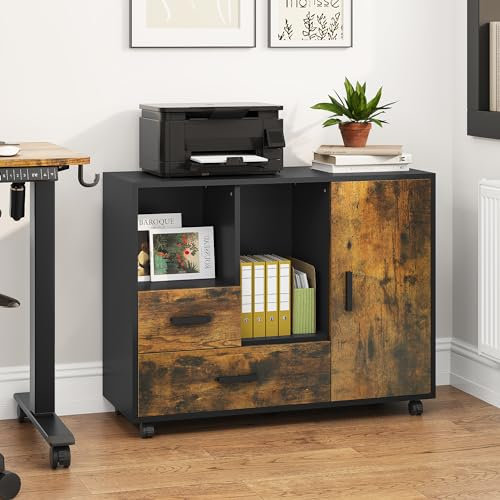 YITAHOME Mobiler Aktenschrank mit Rädern, Rollcontainer mit 2 Schubladen, Bürocontainer Schubladenschrank Rollschrank Rollwagen, Schubladenkommode für Zuhause Büro, 90x35x70CM (Vintagebraun Schwarz)