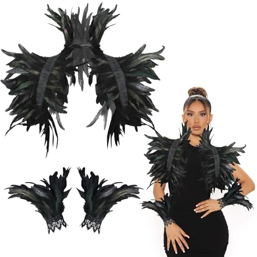 Höst fjäderkrage med fjädermanschetter fjädercape gotiska fjädrar cape fjäder cape armhålor axlar korp kostym damer för cosplay party fester karneval halloween