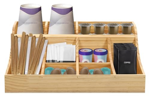 Tyvotrend Wooden Condiment Holder with 9 Compartment, Tea Bag Organizer Kitchen Divided Storage Rack, for Home Cupboard or Counter Top to Store Condiments, Wood Color