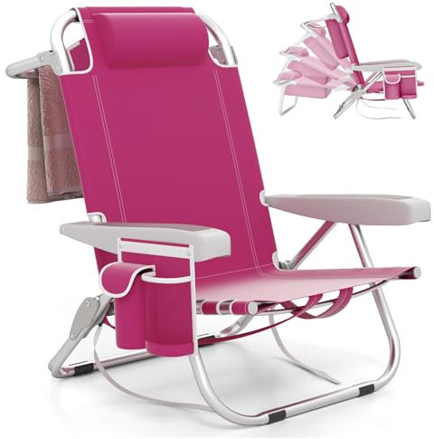 COSTWAY Strandstuhl klappbar leicht, Campingstuhl mit Verstellbarer Rückenlehne, Kopfstütze, Seitentaschen, Schultergurten, Handtuchhalter & Armlehnen, Klappstuhl, Outdoor-Stuhl (Rosa)