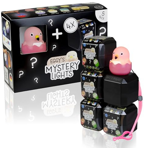 MegaLight Blind Box Mini Nachtlichter für Kinder 5er Pack | Mystery Box | Pinky Flamingo + 4 aus 9 per Zufall | stufenlos dimmbar | mit Anhänger | USB-C AKKU | wiederaufladbar | EGGY'S Mystery Lights